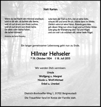 Anzeige von Hilmar Hehseler von Kölner Stadt-Anzeiger / Kölnische Rundschau / Express