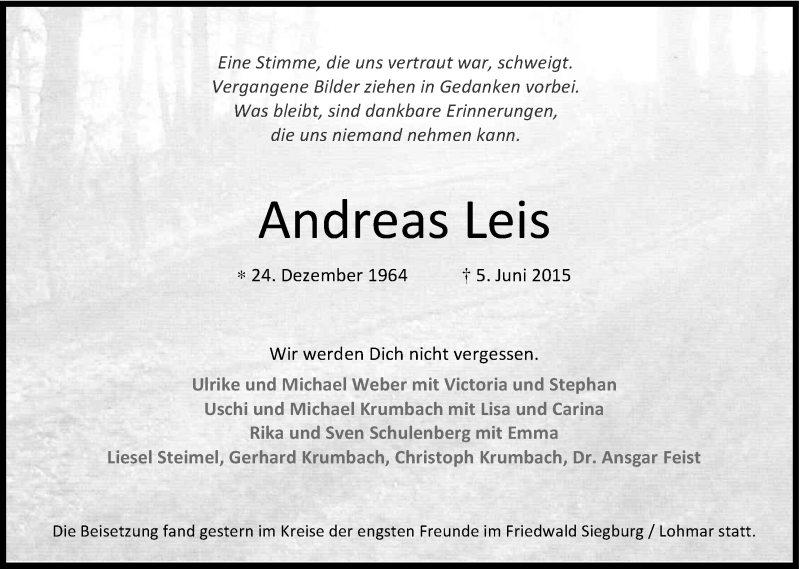  Traueranzeige für Andreas Leis vom 04.07.2015 aus Kölner Stadt-Anzeiger / Kölnische Rundschau / Express