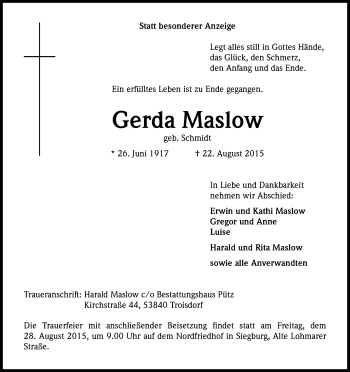 Anzeige von Gerda Maslow von Kölner Stadt-Anzeiger / Kölnische Rundschau / Express