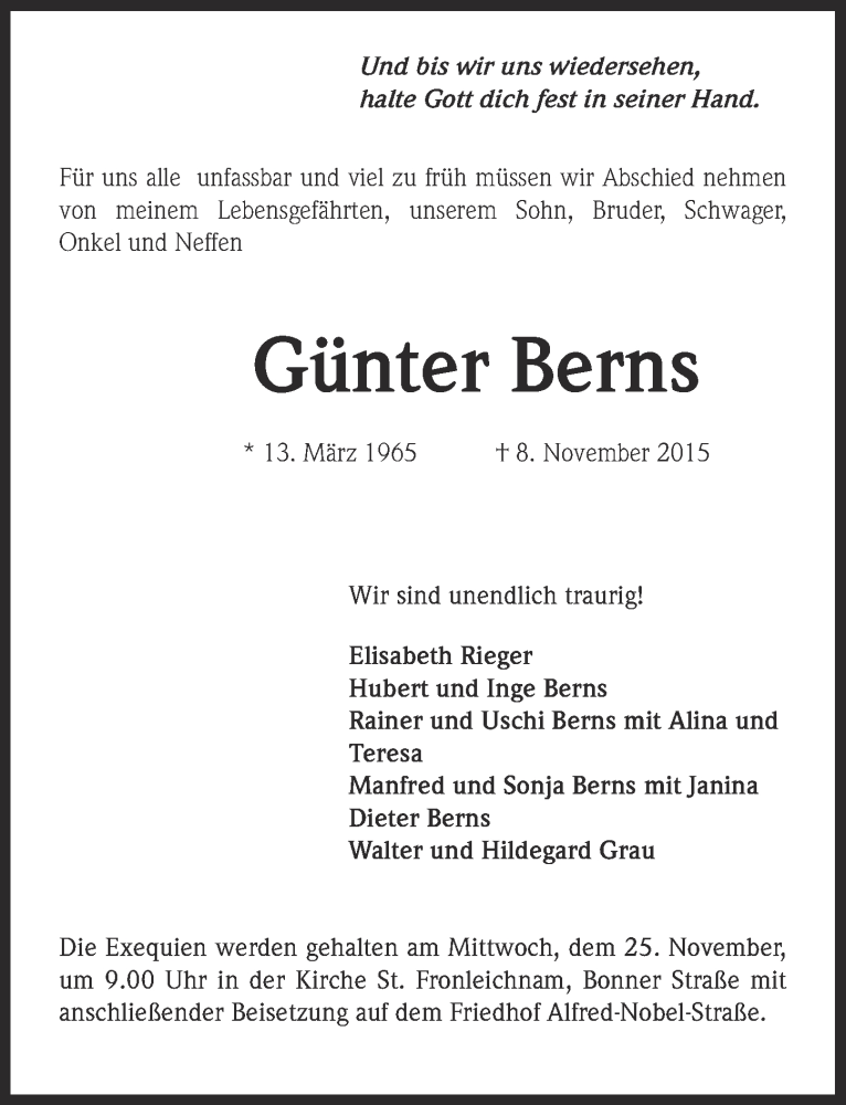  Traueranzeige für Günter Berns vom 25.11.2015 aus  Kölner Wochenspiegel 