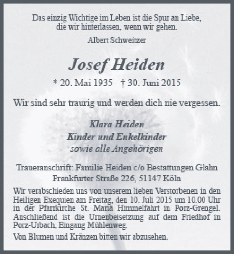  Traueranzeige für Josef Heiden vom 08.07.2015 aus  Kölner Wochenspiegel 