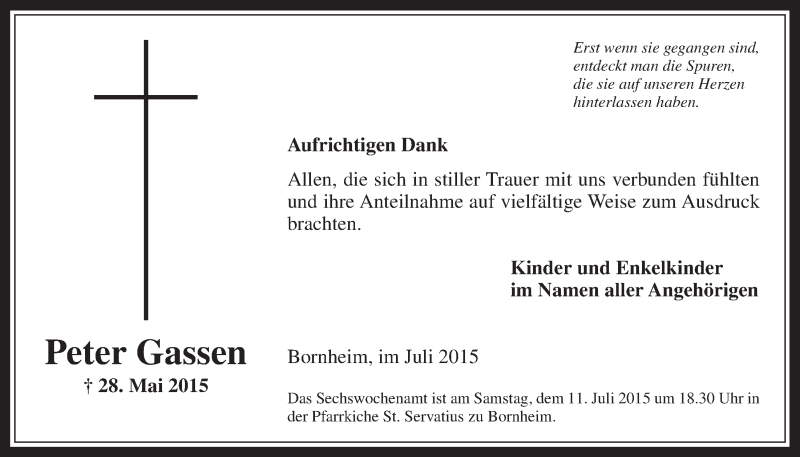  Traueranzeige für Peter Gassen vom 08.07.2015 aus  Schaufenster/Blickpunkt 