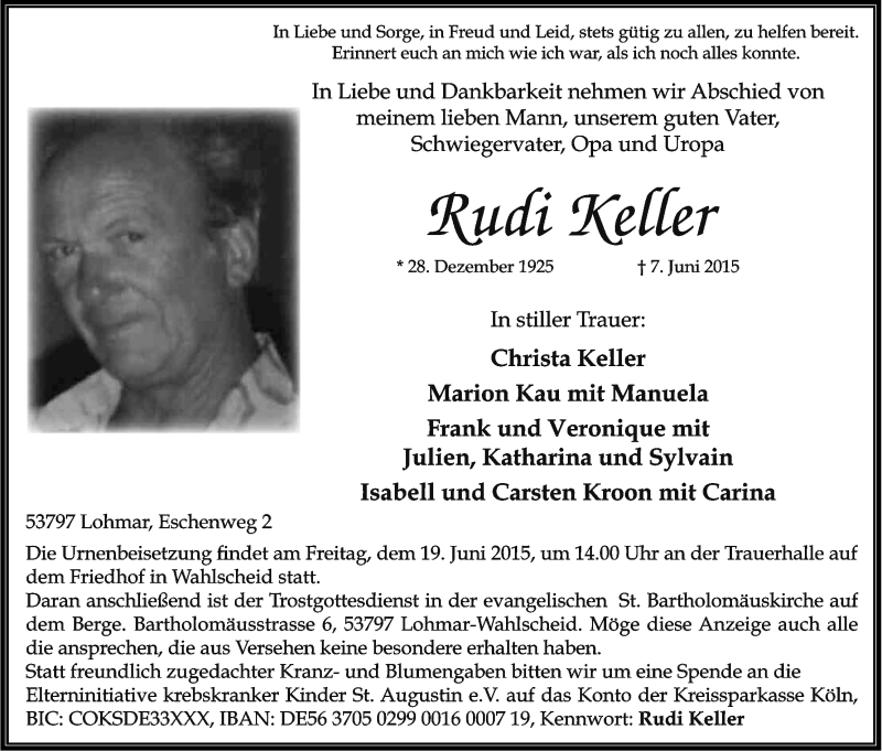  Traueranzeige für Rudi Keller vom 16.06.2015 aus Kölner Stadt-Anzeiger / Kölnische Rundschau / Express