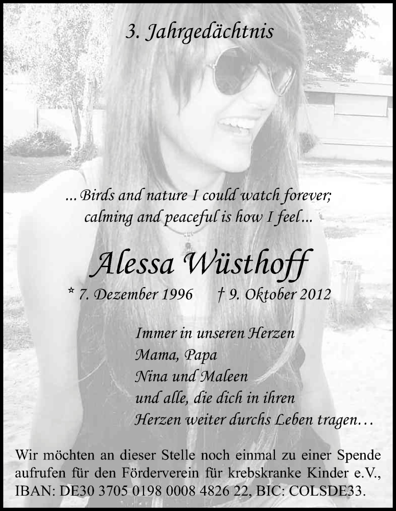  Traueranzeige für Alessa Wüsthoff vom 09.10.2015 aus Kölner Stadt-Anzeiger / Kölnische Rundschau / Express