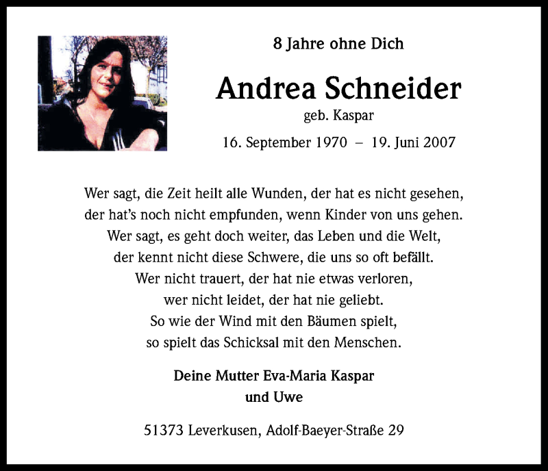  Traueranzeige für Andrea Schneider vom 19.06.2015 aus Kölner Stadt-Anzeiger / Kölnische Rundschau / Express