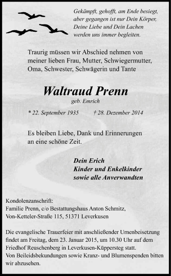 Anzeige von Waltraud Prenn von Kölner Stadt-Anzeiger / Kölnische Rundschau / Express