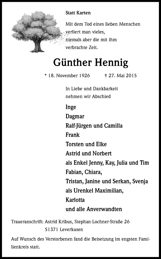  Traueranzeige für Günther Hennig vom 13.06.2015 aus Kölner Stadt-Anzeiger / Kölnische Rundschau / Express