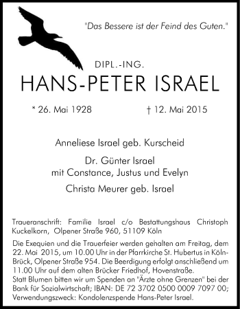 Anzeige von Hans-Peter Israel von Kölner Stadt-Anzeiger / Kölnische Rundschau / Express