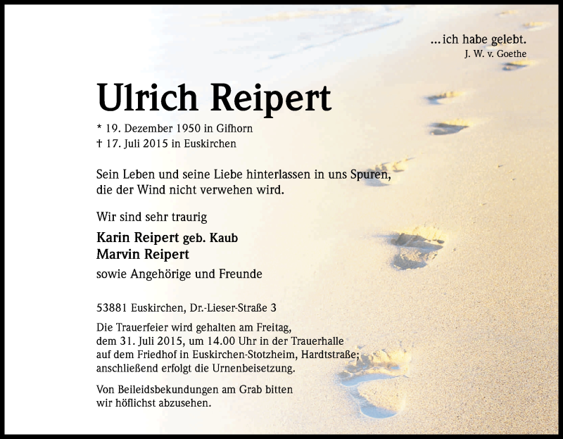  Traueranzeige für Ulrich Reipert vom 25.07.2015 aus Kölner Stadt-Anzeiger / Kölnische Rundschau / Express
