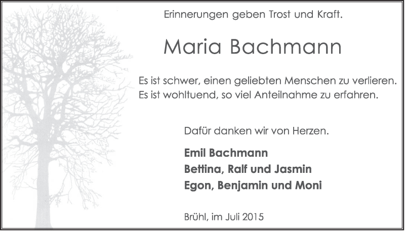  Traueranzeige für Maria Bachmann vom 29.07.2015 aus  Schlossbote/Werbekurier 