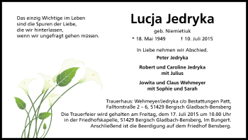 Anzeige von Lucja Jedryka von Kölner Stadt-Anzeiger / Kölnische Rundschau / Express