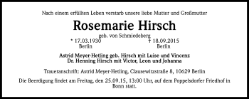 Anzeige von Rosemarie Hirsch von Kölner Stadt-Anzeiger / Kölnische Rundschau / Express