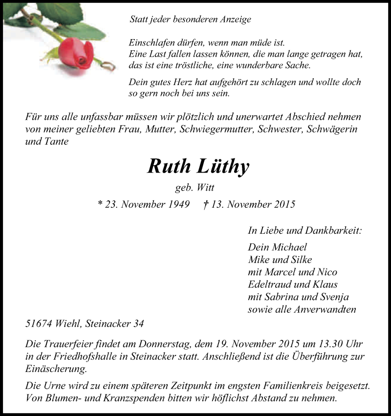 Traueranzeige für Ruth Lüthy vom 17.11.2015 aus Kölner Stadt-Anzeiger / Kölnische Rundschau / Express