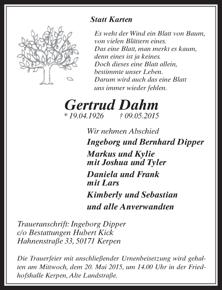  Traueranzeige für Gertrud Dahm vom 20.05.2015 aus  Werbepost 