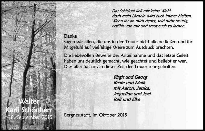  Traueranzeige für Walter Karli Schönherr vom 31.10.2015 aus Kölner Stadt-Anzeiger / Kölnische Rundschau / Express