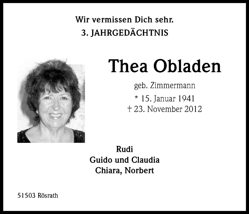  Traueranzeige für Thea Obladen vom 21.11.2015 aus Kölner Stadt-Anzeiger / Kölnische Rundschau / Express