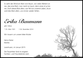 Anzeige von Erika Baumann von Kölner Stadt-Anzeiger / Kölnische Rundschau / Express