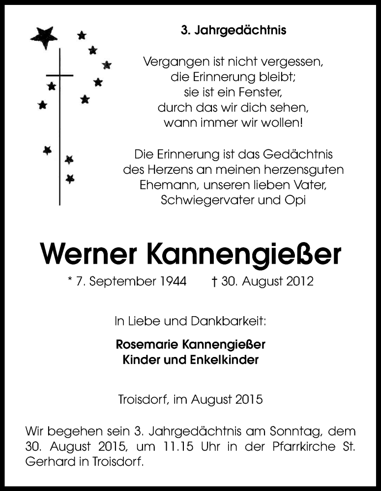  Traueranzeige für Werner Kannengießer vom 22.08.2015 aus Kölner Stadt-Anzeiger / Kölnische Rundschau / Express