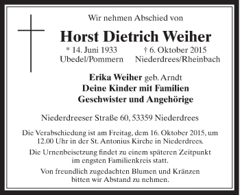 Anzeige von Horst Dietrich Weiher von  Schaufenster/Blickpunkt 