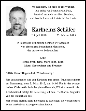 Anzeige von Karlheinz Schäfer von Kölner Stadt-Anzeiger / Kölnische Rundschau / Express