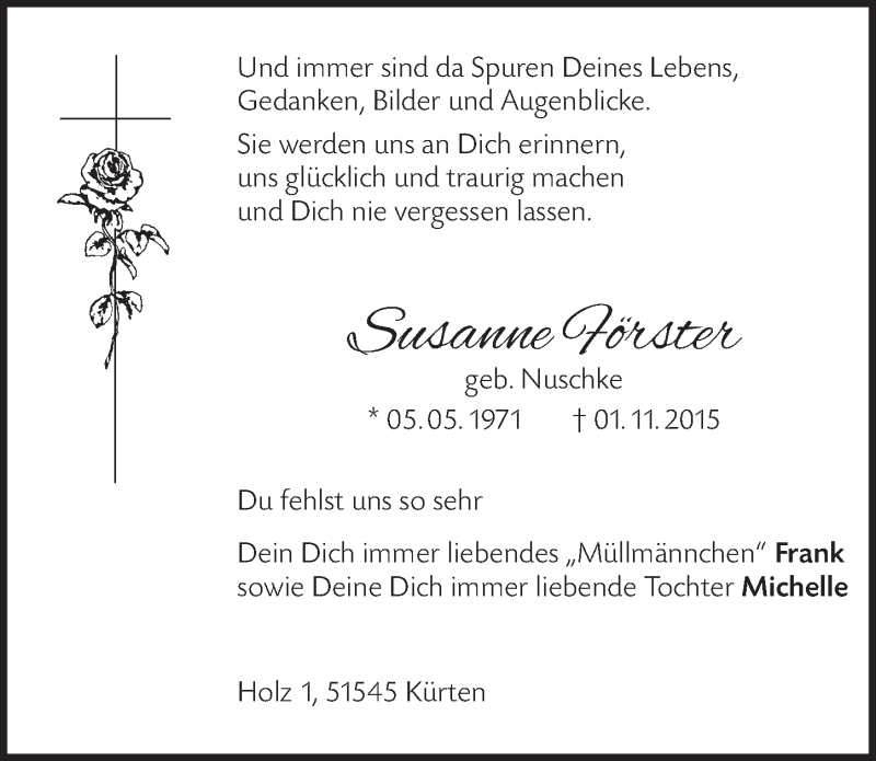  Traueranzeige für Susanne Förster vom 11.11.2015 aus  Bergisches Handelsblatt 
