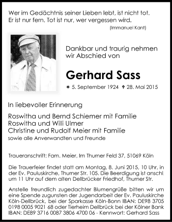 Anzeige von Gerhard Sass von Kölner Stadt-Anzeiger / Kölnische Rundschau / Express