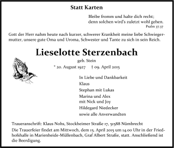Anzeige von Lieselotte Sterzenbach von Kölner Stadt-Anzeiger / Kölnische Rundschau / Express