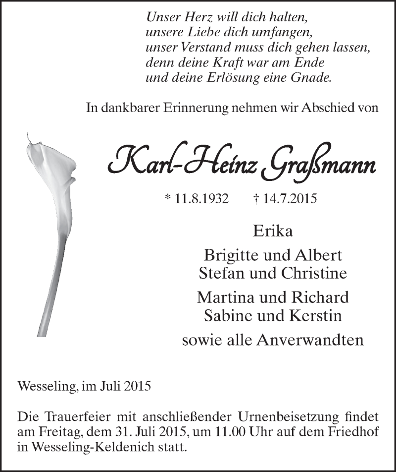  Traueranzeige für Karl-Heinz Graßmann vom 29.07.2015 aus  Schlossbote/Werbekurier 