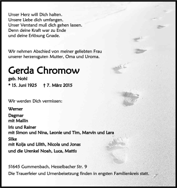 Anzeige von Gerda Chromow von Kölner Stadt-Anzeiger / Kölnische Rundschau / Express