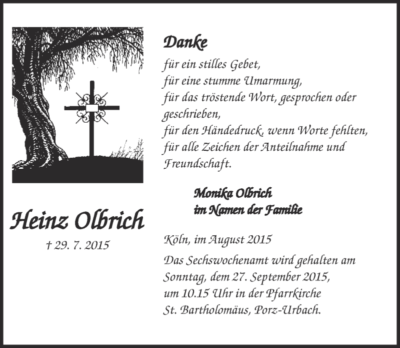  Traueranzeige für Heinz Olbrich vom 26.08.2015 aus  Kölner Wochenspiegel 