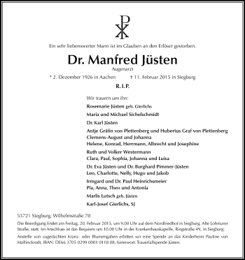 Anzeige von Manfred Jüsten von Kölner Stadt-Anzeiger / Kölnische Rundschau / Express
