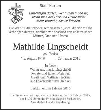Anzeige von Mathilde Lingscheidt von  Blickpunkt Euskirchen 
