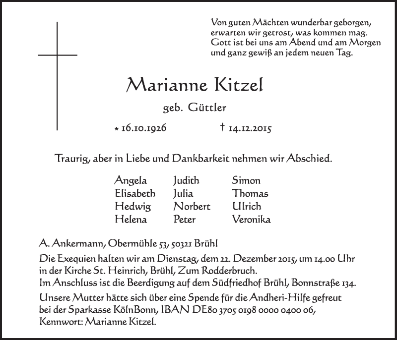  Traueranzeige für Marianne Kitzel vom 16.12.2015 aus  Schlossbote/Werbekurier 