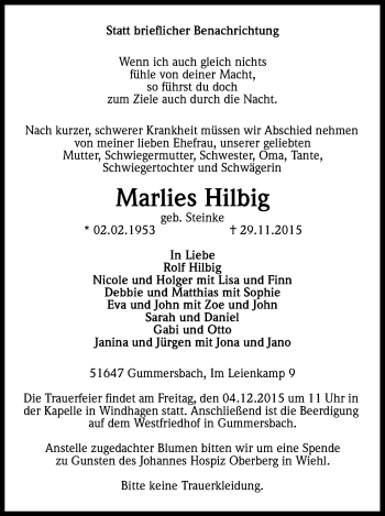 Anzeige von Marlies Hilbig von Kölner Stadt-Anzeiger / Kölnische Rundschau / Express