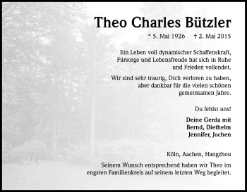 Anzeige von Theo Charles Bützler von Kölner Stadt-Anzeiger / Kölnische Rundschau / Express
