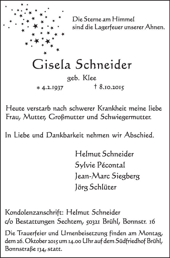  Traueranzeige für Gisela Schneider vom 21.10.2015 aus  Schlossbote/Werbekurier 