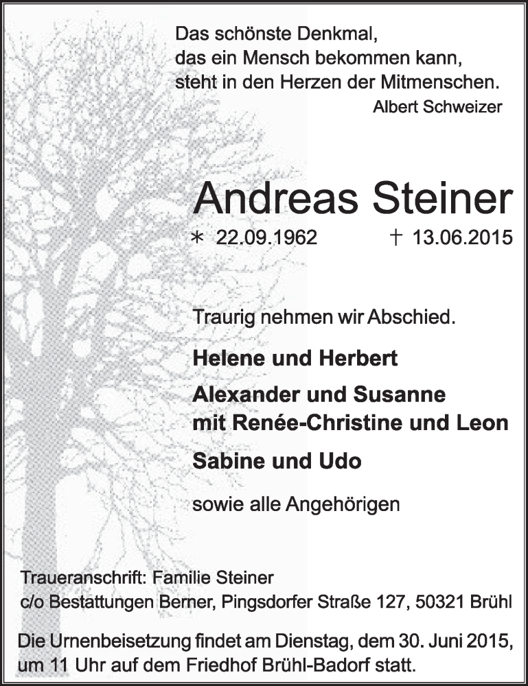  Traueranzeige für Andreas Steiner vom 24.06.2015 aus  Schlossbote/Werbekurier 