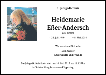 Anzeige von Heidemarie Eßer-Andersch von Kölner Stadt-Anzeiger / Kölnische Rundschau / Express