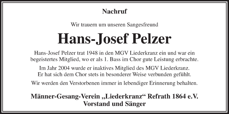  Traueranzeige für Hans-Josef Pelzer vom 05.09.2015 aus  Bergisches Sonntagsblatt 