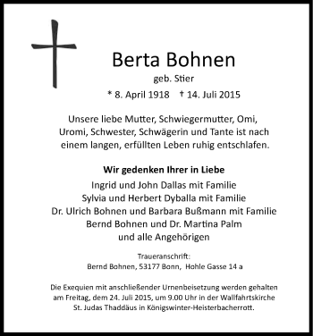 Anzeige von Berta Bohnen von Kölner Stadt-Anzeiger / Kölnische Rundschau / Express