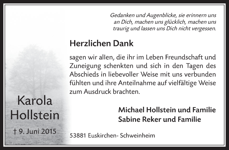  Traueranzeige für Karola Hollstein vom 08.07.2015 aus 