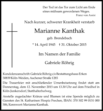 Anzeige von Marianne Kanthak von Kölner Stadt-Anzeiger / Kölnische Rundschau / Express