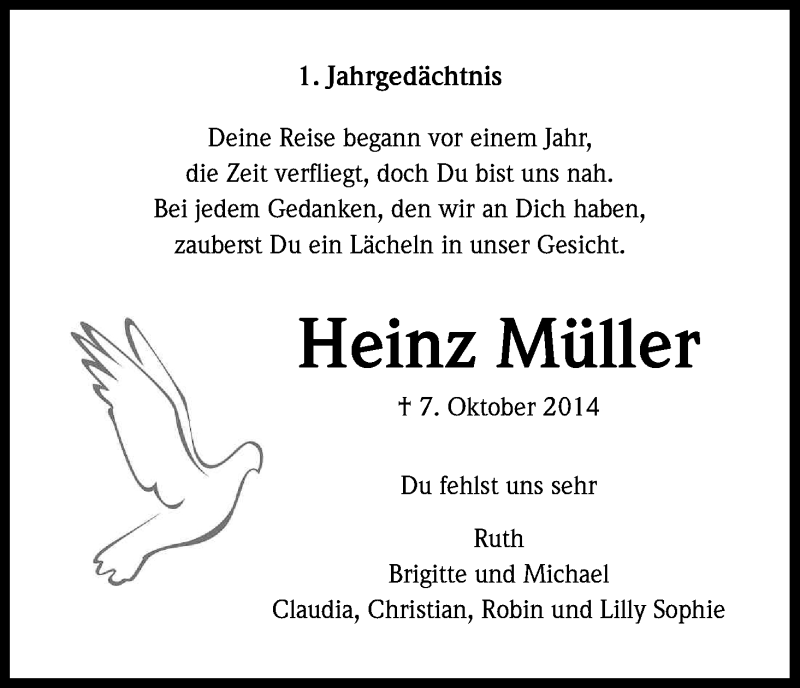  Traueranzeige für Heinz Müller vom 07.10.2015 aus Kölner Stadt-Anzeiger / Kölnische Rundschau / Express