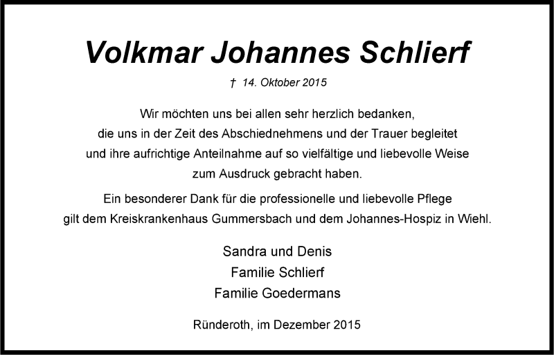  Traueranzeige für Volkmar Johannes Schlierf vom 09.12.2015 aus  Anzeigen Echo 