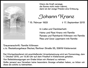 Anzeige von Johann Kranz von Kölner Stadt-Anzeiger / Kölnische Rundschau / Express