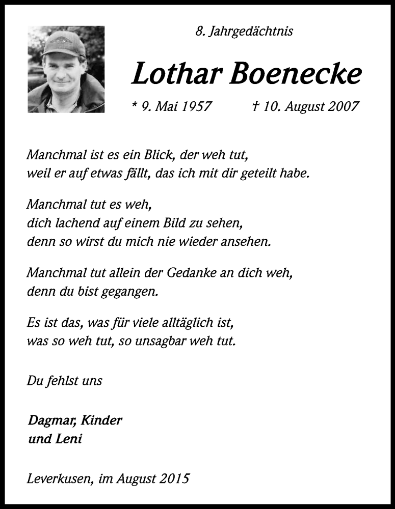  Traueranzeige für Lothar Boenecke vom 10.08.2015 aus Kölner Stadt-Anzeiger / Kölnische Rundschau / Express