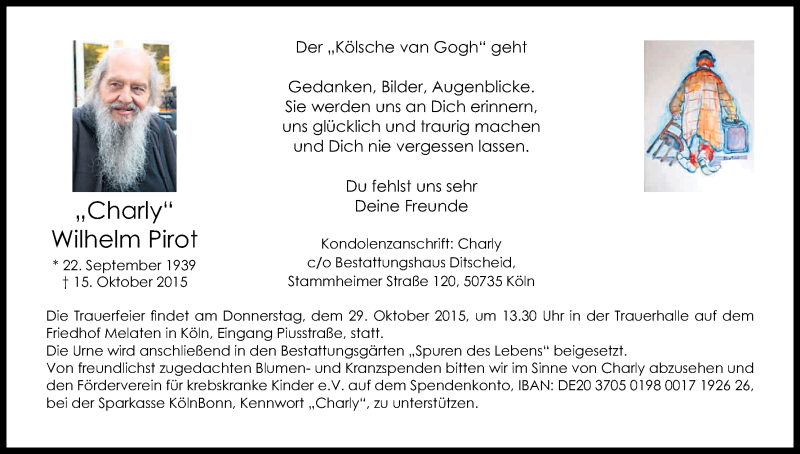  Traueranzeige für Wilhelm Pirot vom 24.10.2015 aus Kölner Stadt-Anzeiger / Kölnische Rundschau / Express