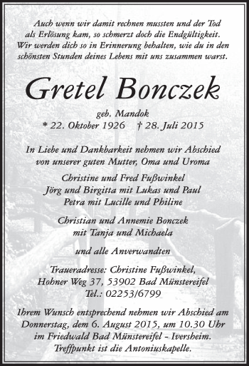 Anzeige von Gretel Bonczek von  Sonntags-Post 
