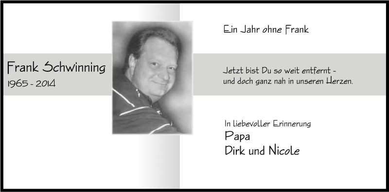  Traueranzeige für Frank Schwinning vom 09.03.2015 aus Kölner Stadt-Anzeiger / Kölnische Rundschau / Express