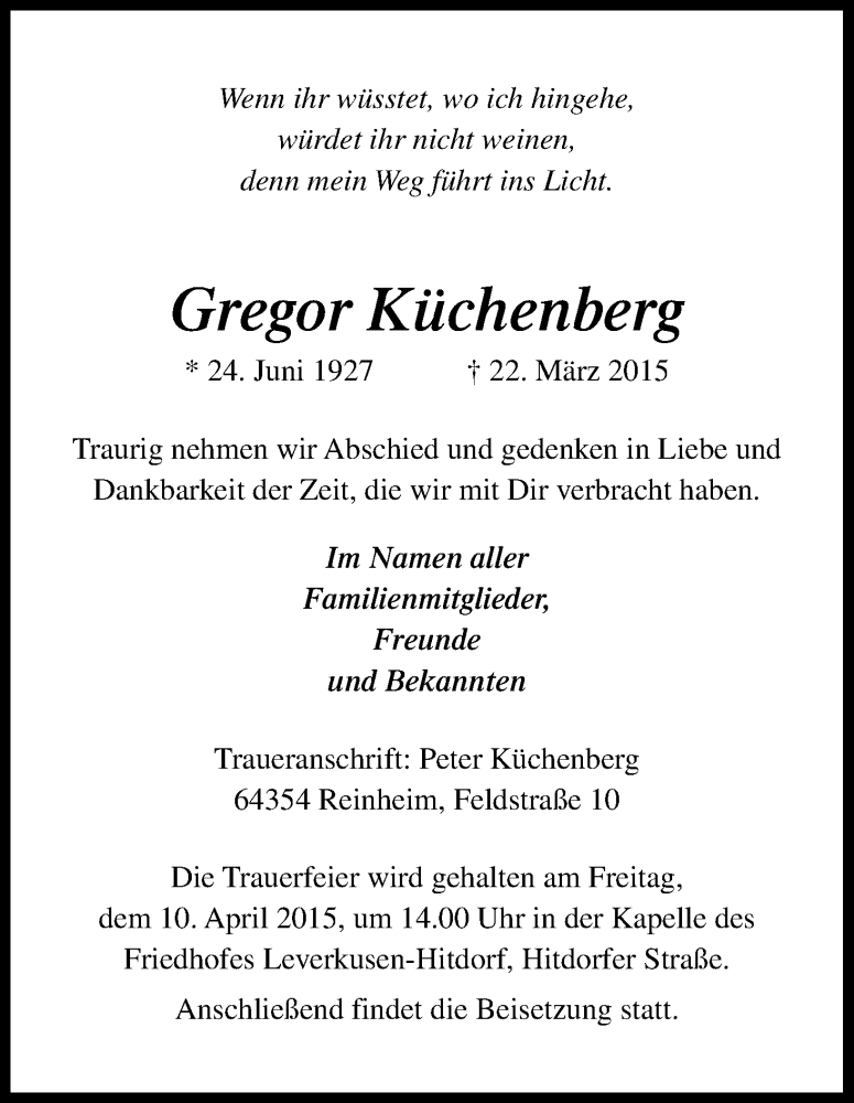  Traueranzeige für Gregor Küchenberg vom 04.04.2015 aus Kölner Stadt-Anzeiger / Kölnische Rundschau / Express